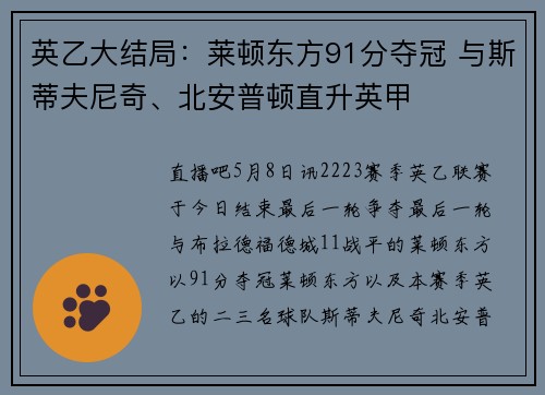 英乙大结局：莱顿东方91分夺冠 与斯蒂夫尼奇、北安普顿直升英甲